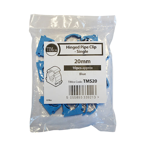 This is an image of Timco - MDPE Pipe Clips - Hinged - Single 20mm - (10 PCS Bag) TMS20