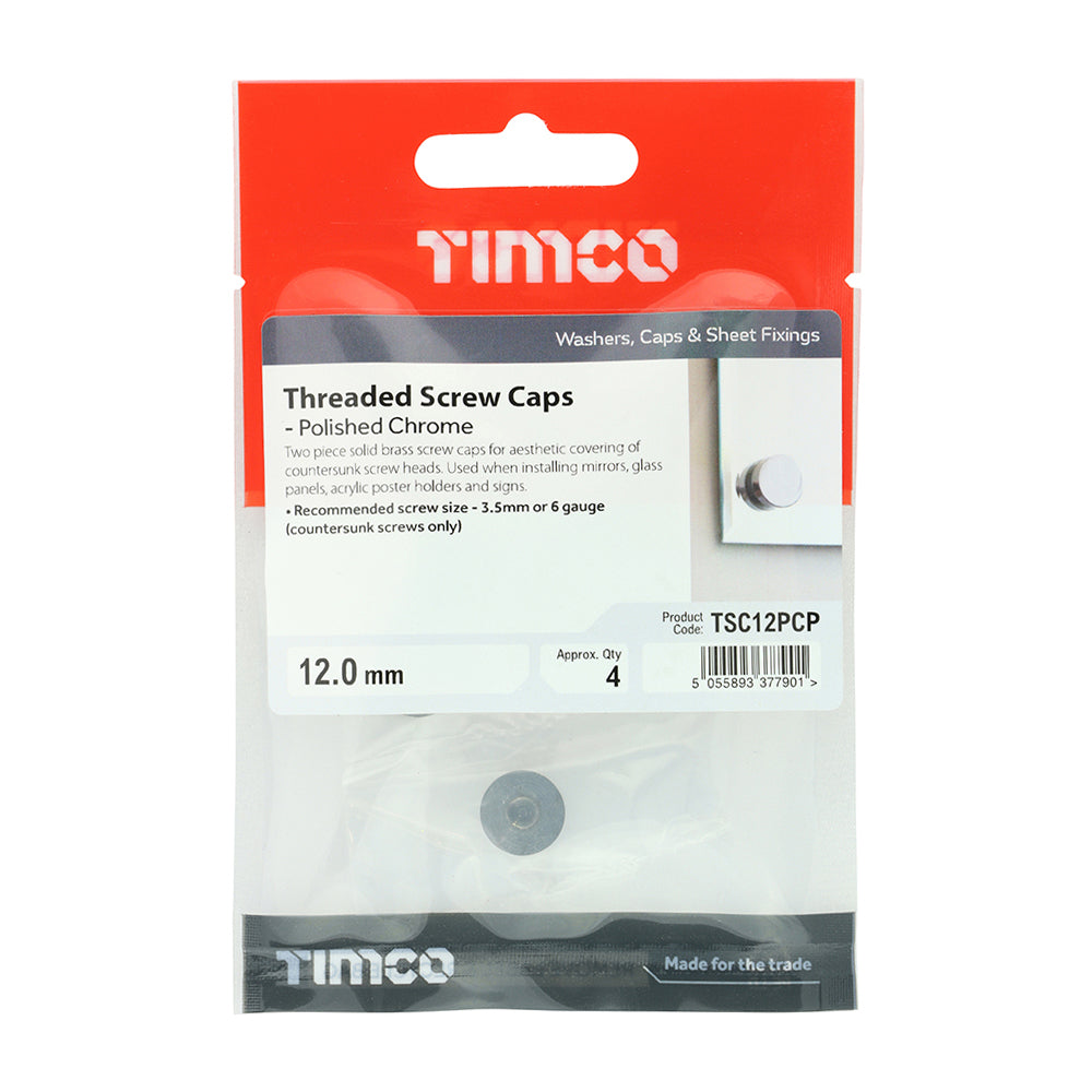 This is an image of Timco - Threaded Screw Caps - Solid Brass - Polished Chrome 12mm - (4 PCS TIMpac) TSC12PCP