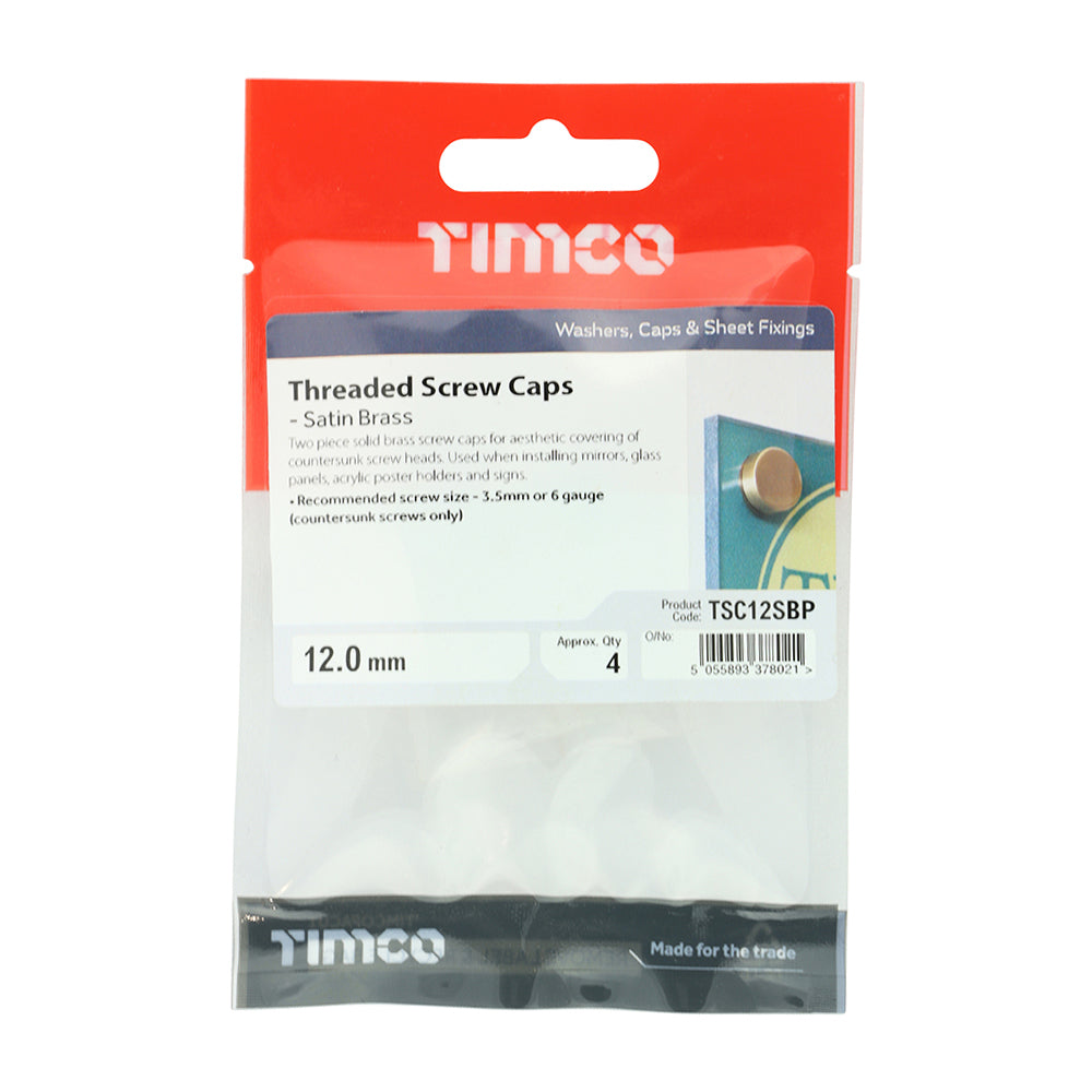 This is an image of Timco - Threaded Screw Caps - Solid Brass - Satin 12mm - (4 PCS TIMpac) TSC12SBP