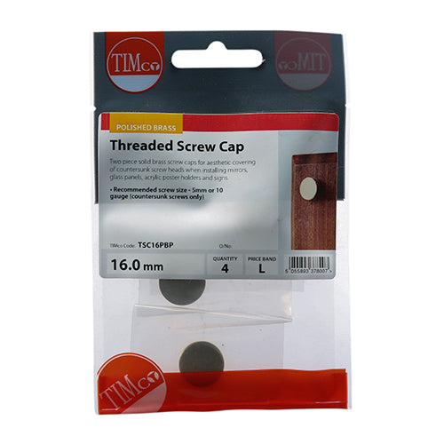 This is an image of Timco - Threaded Screw Caps - Solid Brass - Polished Brass 16mm - (4 PCS TIMpac) TSC16PBP