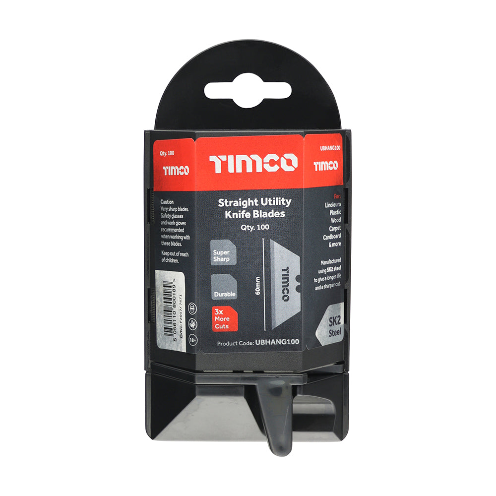This is an image of Timco - Utility Knife Blades 60 x 19 x 0.6 (100 Pieces Blister Pack) UBHANG100