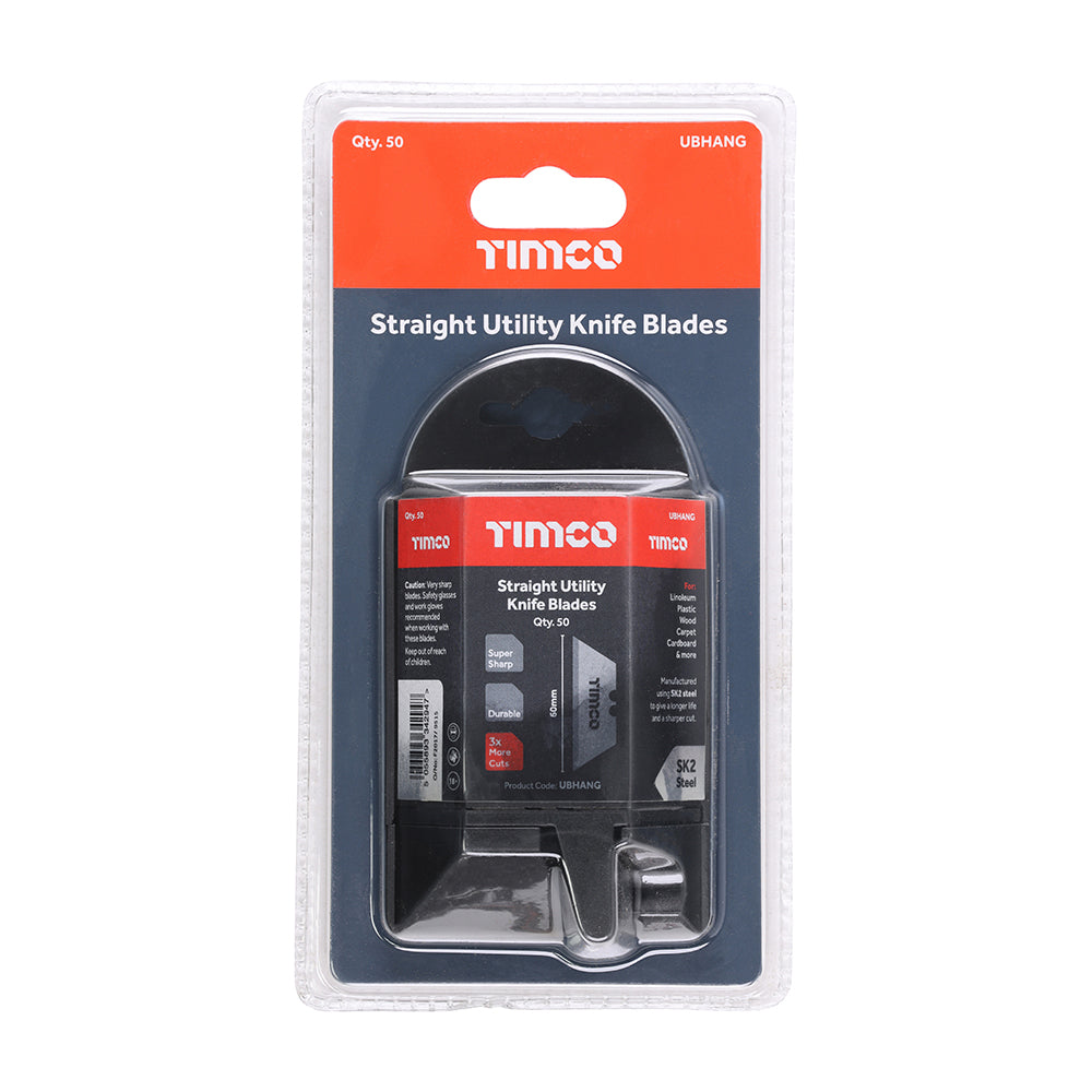 This is an image of Timco - Utility Knife Blades 60 x 19 x 0.6 (50 Pieces Blister Pack) UBHANG