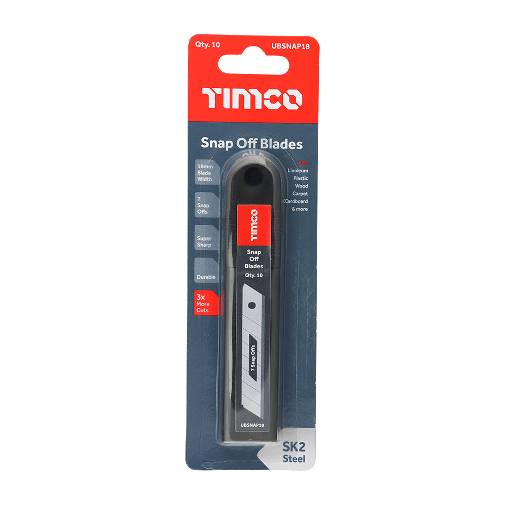 This is an image of Timco - Snap Off Utility Knife Blades 100 x 18 x 0.6 (10 Pieces Backing Card) UBSNAP18