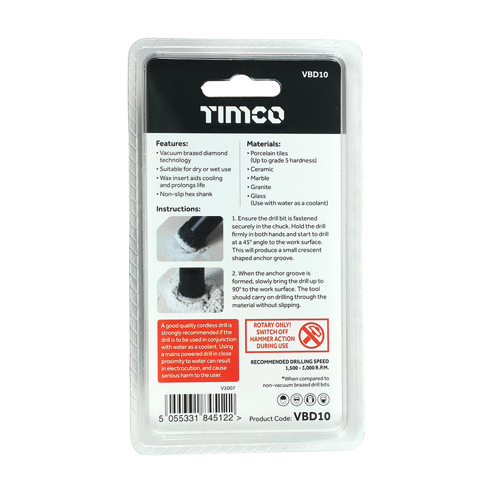 This is an image of Timco - Premium Diamond Tile & Glass Bit 10.0mm (1 Each Blister Pack) VBD10