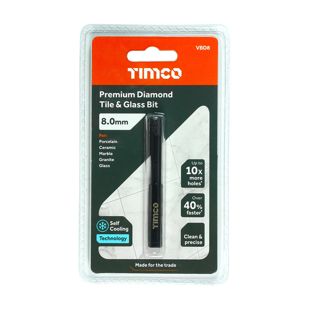 This is an image of Timco - Premium Diamond Tile & Glass Bit 8.0mm (1 Each Blister Pack) VBD8