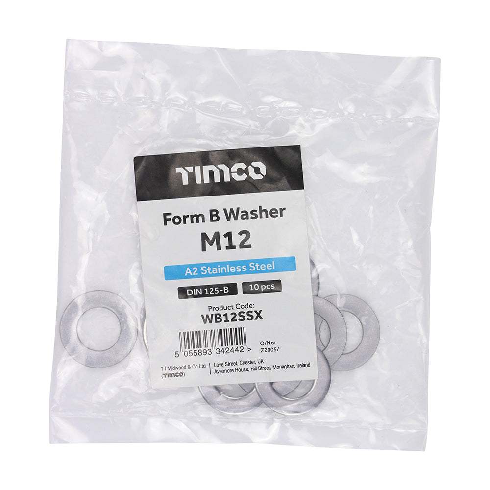 This is an image of Timco - Form B Washers - A2 Stainless Steel M12 - (10 PCS Bag) WB12SSX
