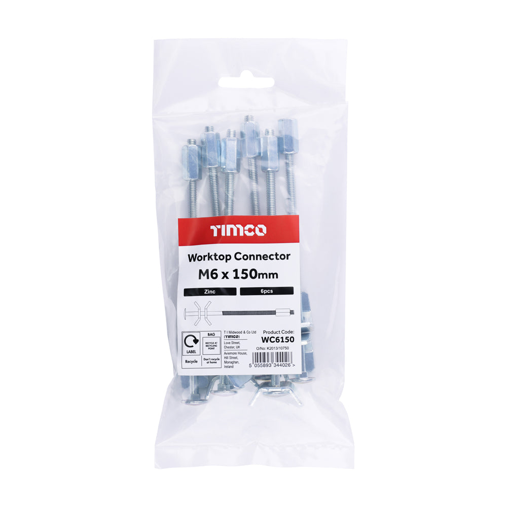 This is an image of Timco - Worktop Connectors - Zinc M6 x 150 (6 Pieces Bag) WC6150