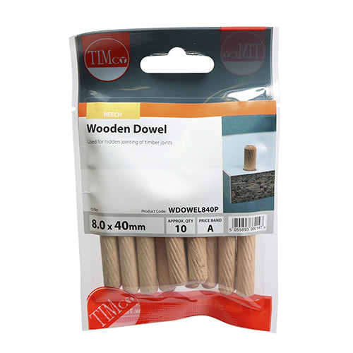 This is an image of Timco - Wooden Dowels 8.0 x 40 (10 Pieces TIMpac) WDOWEL840P