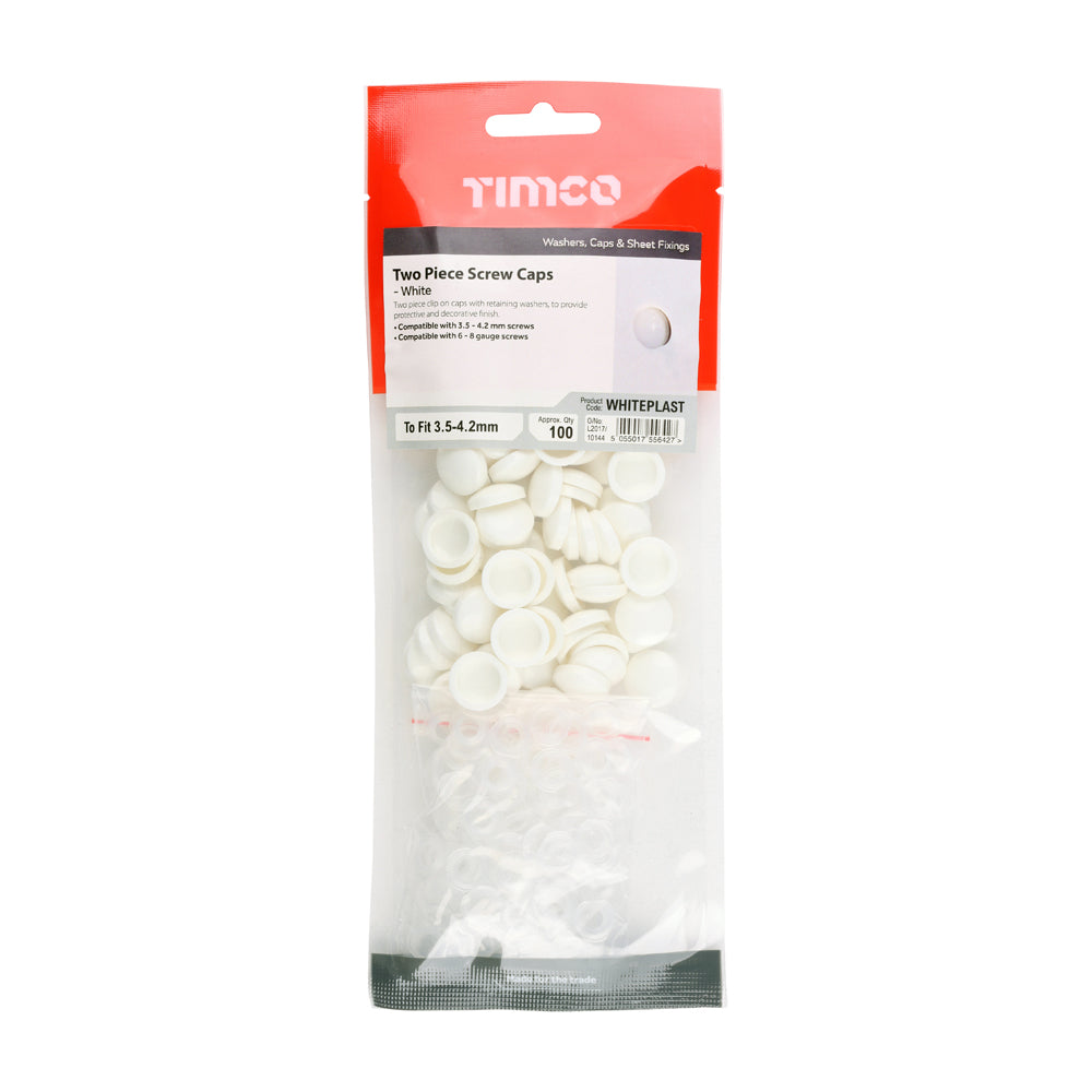 This is an image of Timco - Two Piece Screw Caps - White To fit 3.5 to 4.2 Screw - (100 PCS TIMpac) WHITEPLAST