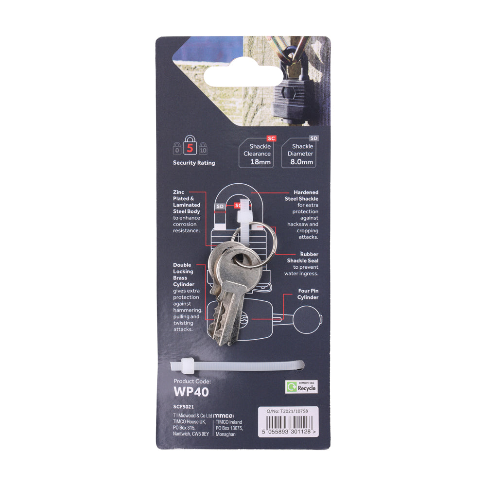 This is an image of Timco - Weatherproof Padlock 40mm (1 Each Blister Pack) WP40