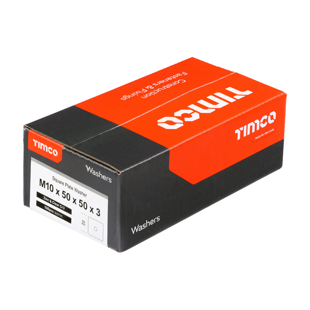 This is an image of Timco - Square Plate Washers - Zinc M10 x 50 x 50 x 3mm - (100 PCS Box) WS10503Z