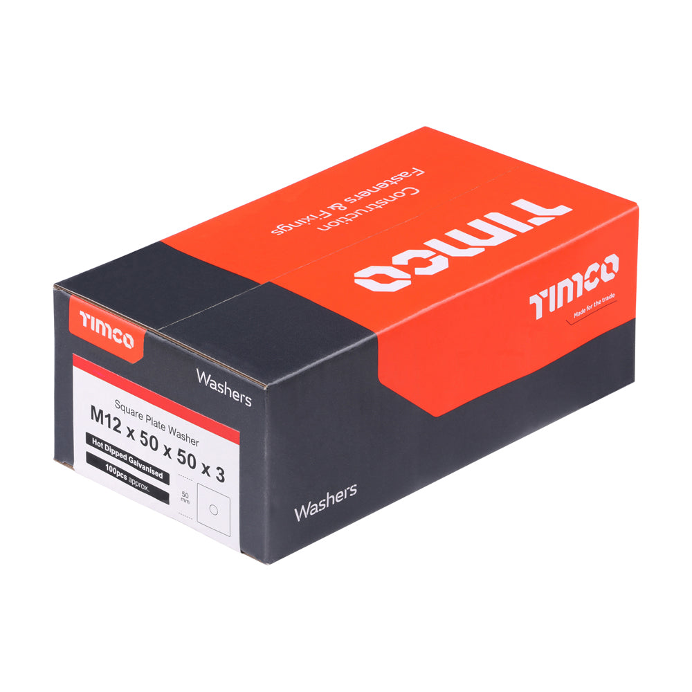 This is an image of Timco - Square Plate Washers - Hot Dipped Galvanised M12 x 50 x 50 x 3mm - (100 PCS Box) WS12503G