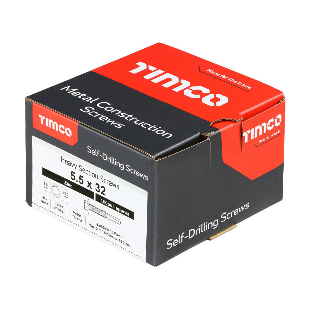 This is an image of Timco - Metal Construction Heavy Section Screws - Hex - Self-Drilling - Zinc 5.5 x 32mm - (100 PCS Box) ZH32B