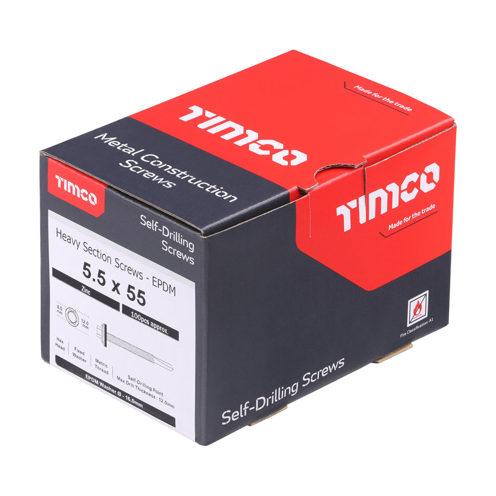 This is an image of Timco - Metal Construction Heavy Section Screws - Hex - EPDM Washer - Self-Drilling - Zinc 5.5 x 55mm - (100 PCS Box) ZH55W16B