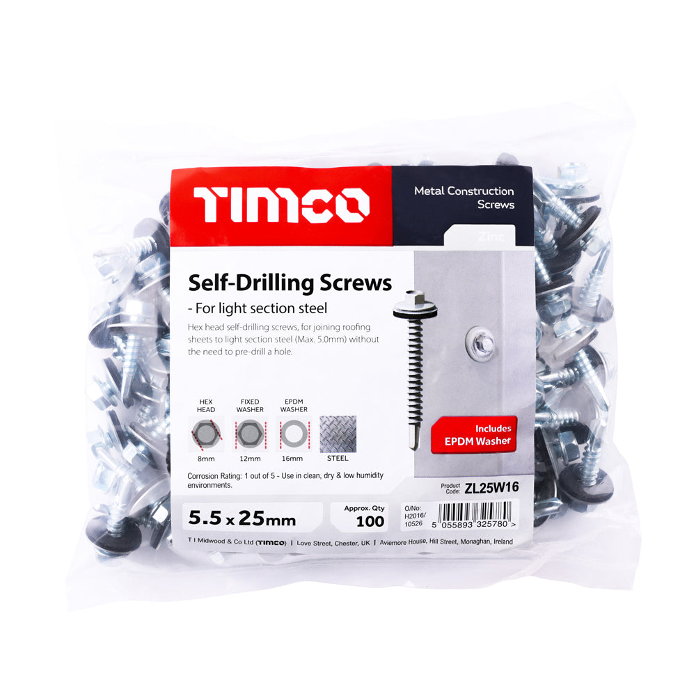 This is an image of Timco - Metal Construction Light Section Screws - Hex - EPDM Washer - Self-Drilling - Zinc 5.5 x 25mm - (100 PCS Bag) ZL25W16