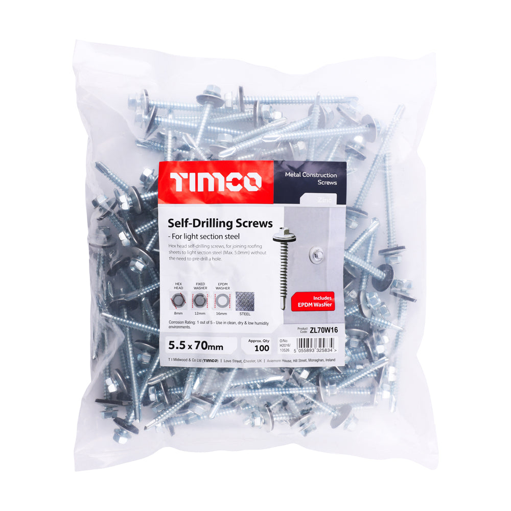 This is an image of Timco - Metal Construction Light Section Screws - Hex - EPDM Washer - Self-Drilling - Zinc 5.5 x 70mm - (100 PCS Bag) ZL70W16