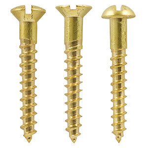 This image is showing a countersunk, raised countersunk and  round head  Brass Woodscrews