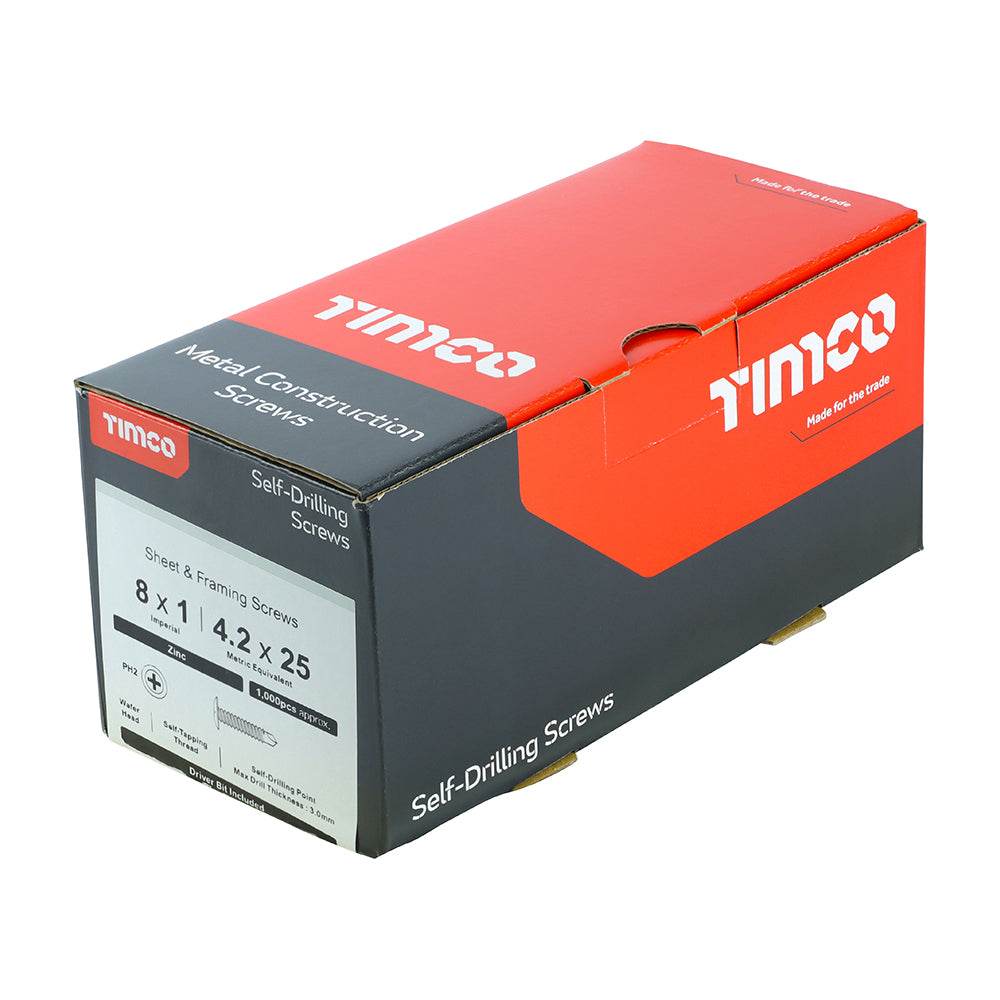 This is an image of Timco - Metal Construction Sheet & Framing Screws - PH - Wafer - Self-Drilling - Zinc 4.2 x 25mm - (1000 PCS Box) 00025WHSD