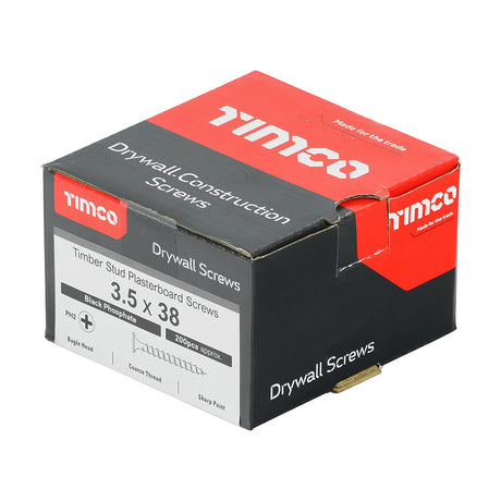 This is an image of Timco - Drywall Screws - PH - Bugle - Coarse Thread - Grey 3.5 x 38mm - (200 PCS Box) 00038DRYCS