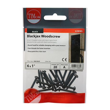 This is an image of Timco - Blackjax Screws - PZ - Round - Black 6 x 1" - (20 PCS TIMpac) 00061BJCP