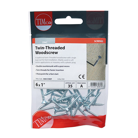 This is an image of Timco - Twin-Thread Woodscrews - PZ - Double Countersunk - Zinc 6 x 1" - (35 PCS TIMpac) 00061CWZP