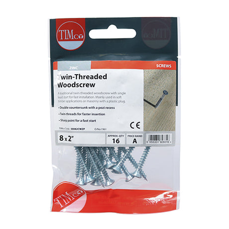 This is an image of Timco - Twin-Thread Woodscrews - PZ - Double Countersunk - Zinc 8 x 2" - (16 PCS TIMpac) 00082CWZP