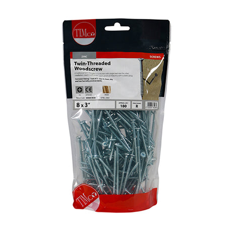 This is an image of Timco - Twin-Thread Woodscrews - PZ - Double Countersunk - Zinc 8 x 3" - (180 PCS TIMbag) 00083CWZB