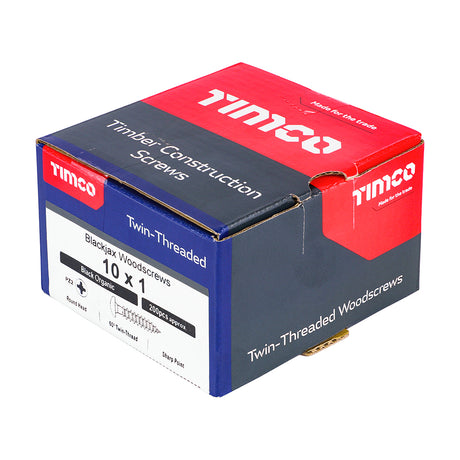 This is an image of Timco - Blackjax Woodscrews - PZ - Round - Black Organic 10 x 1" - (200 PCS Box) 00101BJC