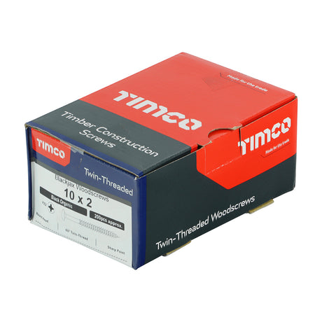 This is an image of Timco - Blackjax Woodscrews - PZ - Round - Black Organic 10 x 2" - (200 PCS Box) 00102BJC