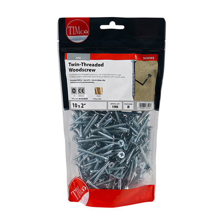 This is an image of Timco - Twin-Thread Woodscrews - PZ - Double Countersunk - Zinc 10 x 2" - (190 PCS TIMbag) 00102CWZB