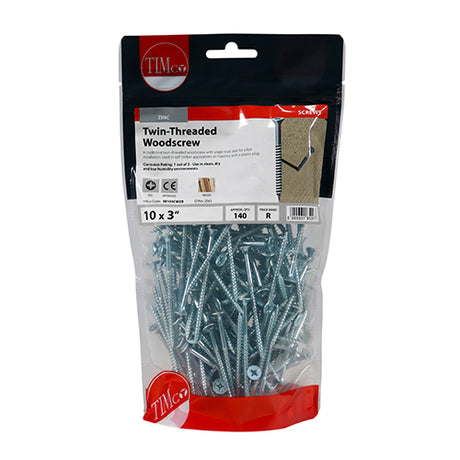 This is an image of Timco - Twin-Thread Woodscrews - PZ - Double Countersunk - Zinc 10 x 3" - (140 PCS TIMbag) 00103CWZB