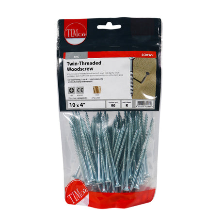 This is an image of Timco - Twin-Thread Woodscrews - PZ - Double Countersunk - Zinc 10 x 4" - (90 PCS TIMbag) 00104CWZB