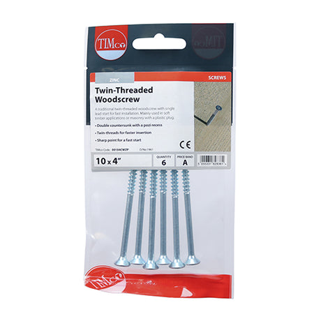This is an image of Timco - Twin-Thread Woodscrews - PZ - Double Countersunk - Zinc 10 x 4" - (6 PCS TIMpac) 00104CWZP