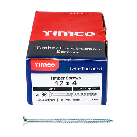 This is an image of Timco - Twin-Threaded Woodscrews - PZ - Double Countersunk - Zinc 12 x 4" - (100 PCS Box) 00124CWZ