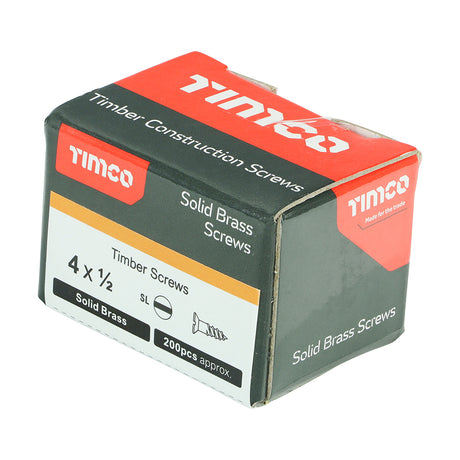 This is an image of Timco - Solid Brass Timber Screws - SLOT - Countersunk 4 x 1/2" - (200 PCS Box) 00412CBS