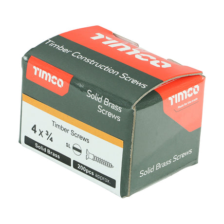 This is an image of Timco - Solid Brass Timber Screws - SLOT - Countersunk 4 x 3/4" - (200 PCS Box) 00434CBS