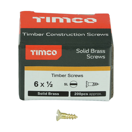 This is an image of Timco - Solid Brass Timber Screws - SLOT - Countersunk 6 x 1/2" - (200 PCS Box) 00612CBS