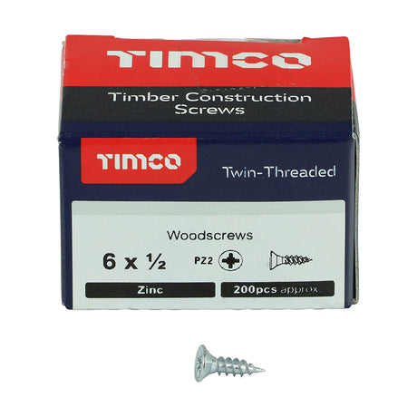 This is an image of Timco - Twin-Threaded Woodscrews - PZ - Double Countersunk - Zinc 6 x 1/2" - (200 PCS Box) 00612CWZ