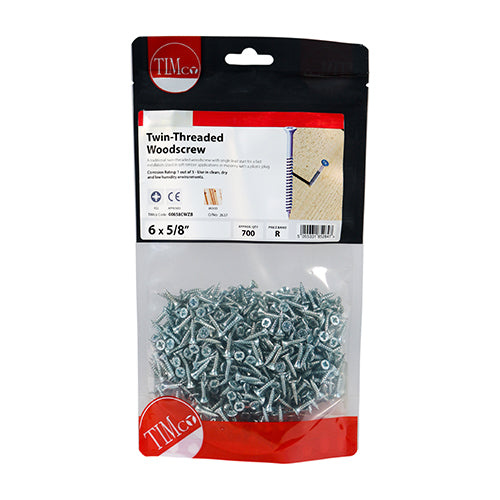 This is an image of Timco - Twin-Thread Woodscrews - PZ - Double Countersunk - Zinc 6 x 5/8" - (700 PCS TIMbag) 00658CWZB
