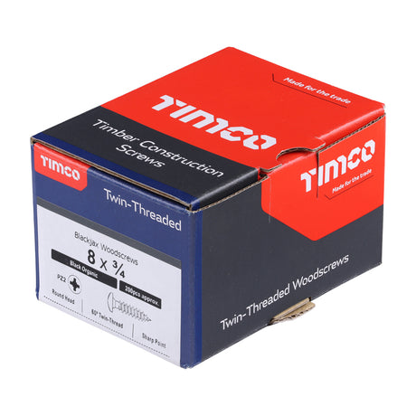 This is an image of Timco - Blackjax Woodscrews - PZ - Round - Black Organic 8 x 3/4" - (200 PCS Box) 00834BJC