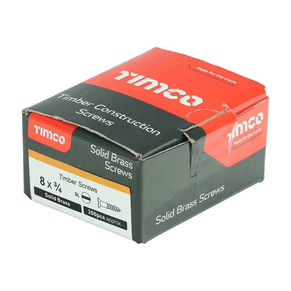 This is an image of Timco - Solid Brass Timber Screws - SLOT - Countersunk 8 x 3/4" - (200 PCS Box) 00834CBS