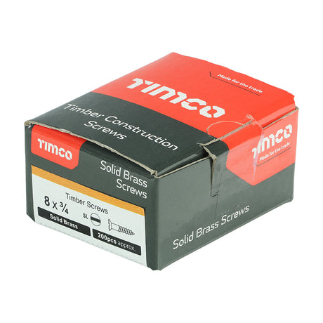This is an image of Timco - Solid Brass Timber Screws - SLOT - Countersunk 8 x 3/4" - (200 PCS Box) 00834CBS