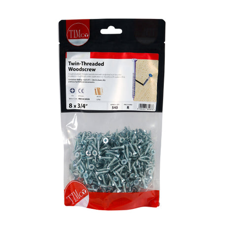 This is an image of Timco - Twin-Thread Woodscrews - PZ - Double Countersunk - Zinc 8 x 3/4" - (540 PCS TIMbag) 00834CWZB
