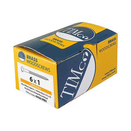 This is an image of Timco - Solid Brass Timber Screws - SLOT - Round 8 x 3/4" - (200 PCS Box) 00834RBS