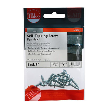 This is an image of Timco - Self-Tapping Screws - PZ - Pan - Zinc 8 x 5/8" - (14 PCS TIMpac) 00858CPAZP