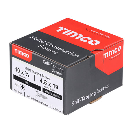This is an image of Timco - Self-Tapping Screws - PZ - Pan - Zinc 10 x 3/4" - (200 PCS Box) 01034CPAZS