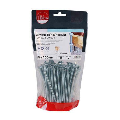 This is an image of Timco - Carriage Bolts & Hex Nuts - Zinc M6 x 100mm - (55 PCS TIMbag) 06100CBB