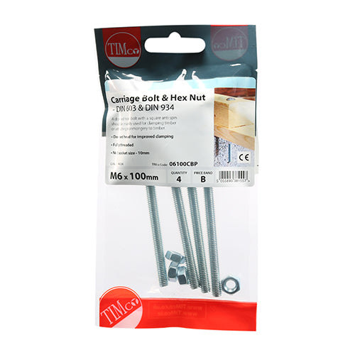 This is an image of Timco - Carriage Bolts & Hex Nuts - Zinc M6 x 100mm - (4 PCS TIMpac) 06100CBP