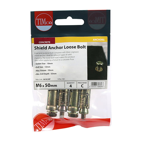 This is an image of Timco - Shield Anchor Loose Bolts - Yellow M6:10L (M6 x 50)mm - (4 PCS TIMpac) 0610LSHP