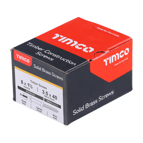 This is an image of Timco - Solid Brass Timber Screws - SLOT - Round 6 x 1 1/2" - (200 PCS Box) 06112RBS